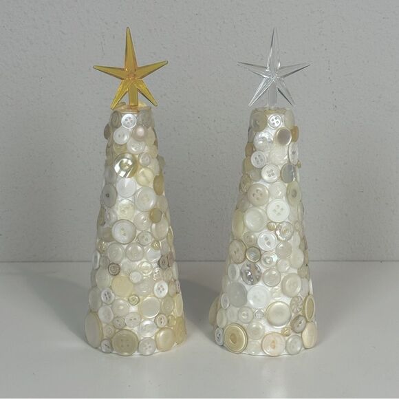 2 VTG Button White Christmas Trees Decor 9.5” - Picture 1 of 6
